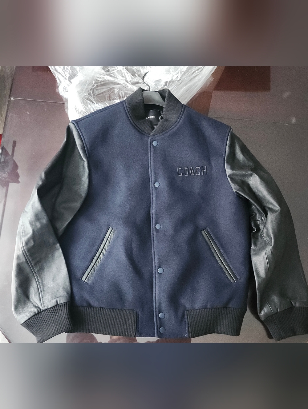 COACH Navy Wool Bomber Jacket with Black Leather Sleeves M Medium